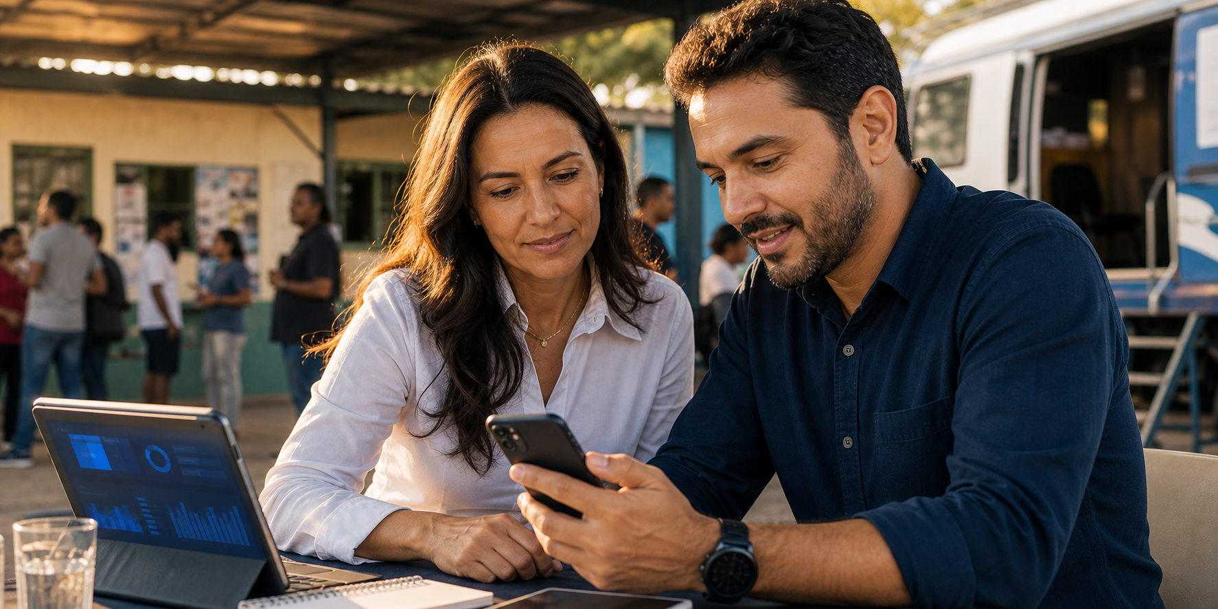 Candidato e assessor conferindo distribuição automática de conteúdo no celular